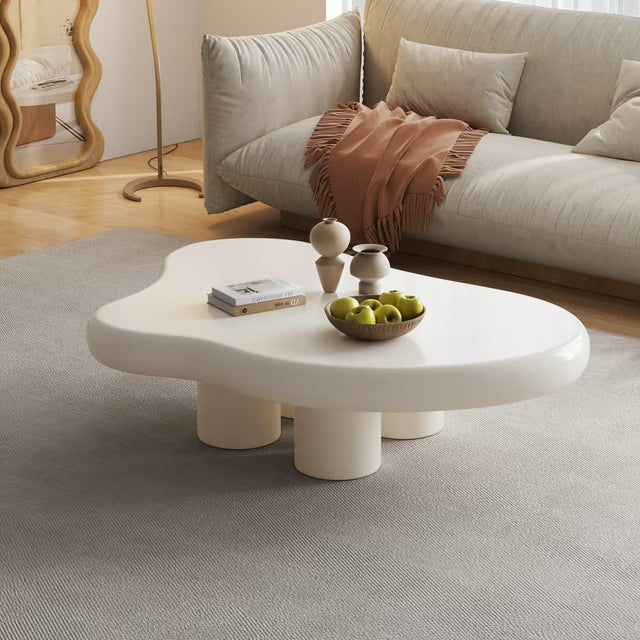 Cloud-Shaped Coffee Table with 4 Legs, Modern Wood Coffee Table for Living Room, Apartment, Cream White