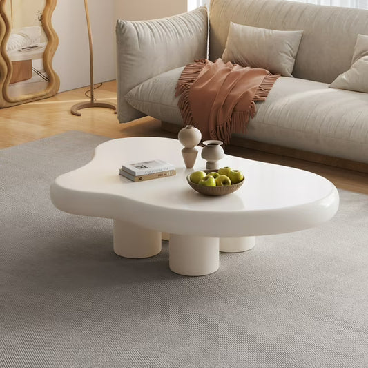 Cloud-Shaped Coffee Table with 4 Legs, Modern Wood Coffee Table for Living Room, Apartment, Cream White