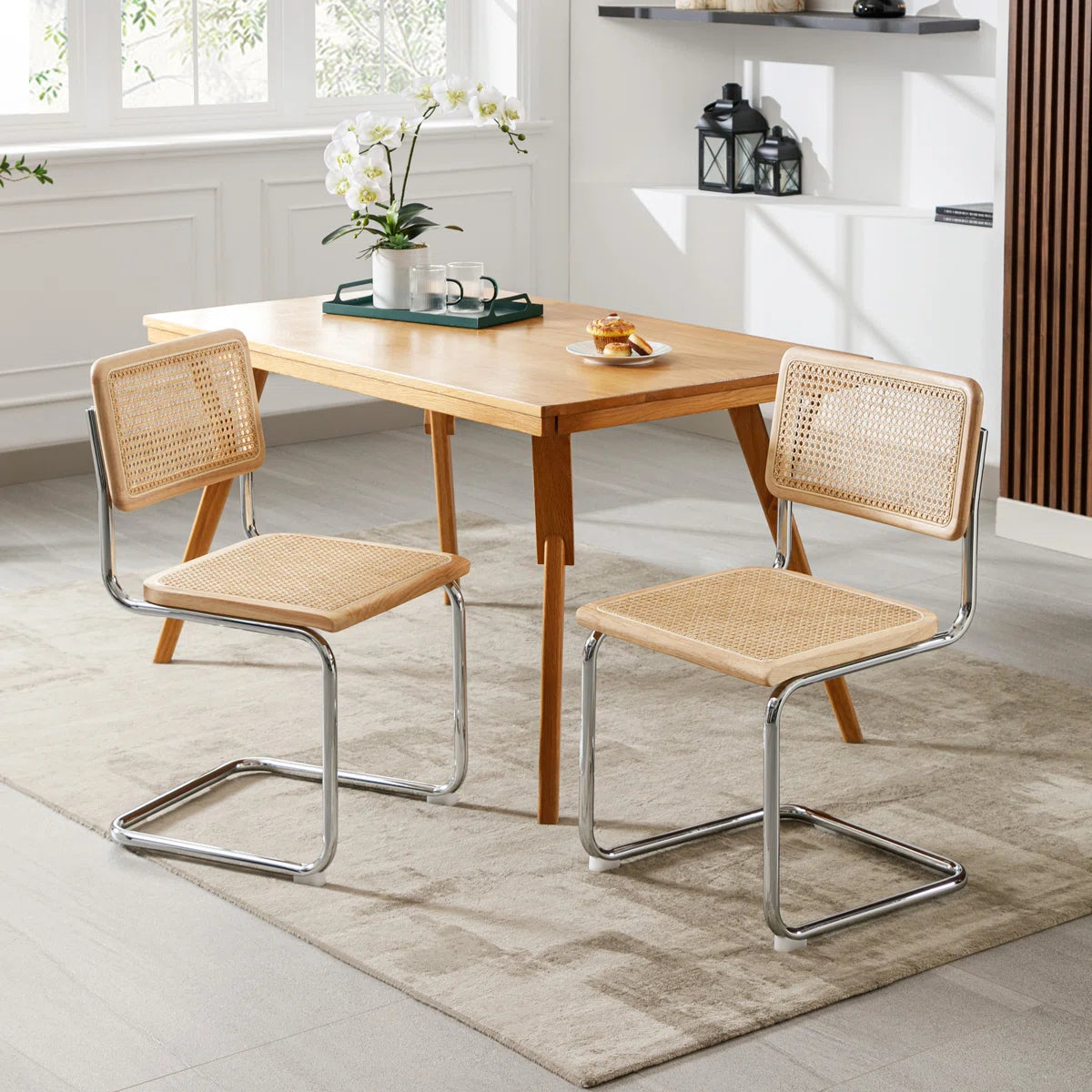 Crumley 18.1" H Mid-Century Modern Rattan Dining Chairs with Rattan Cane Backrest (Set of 2)