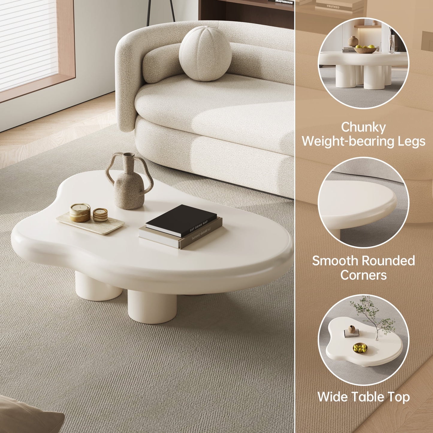 Cloud-Shaped Coffee Table with 4 Legs, Modern Wood Coffee Table for Living Room, Apartment, Cream White