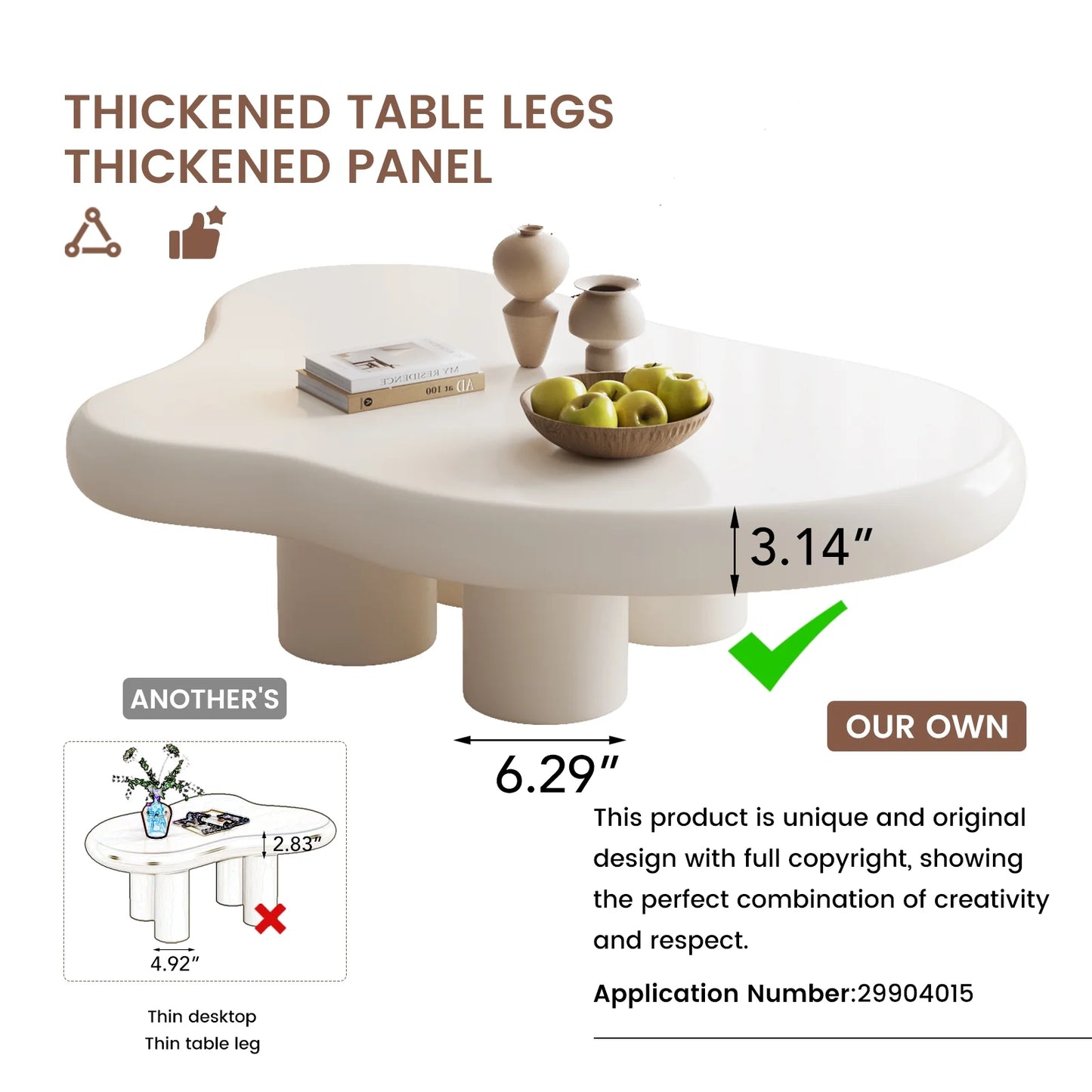 Cloud-Shaped Coffee Table with 4 Legs, Modern Wood Coffee Table for Living Room, Apartment, Cream White