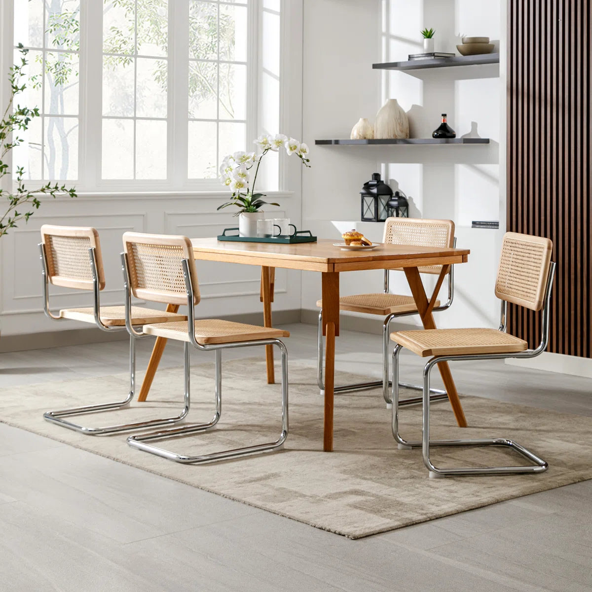 Crumley 18.1" H Mid-Century Modern Rattan Dining Chairs with Rattan Cane Backrest (Set of 2)