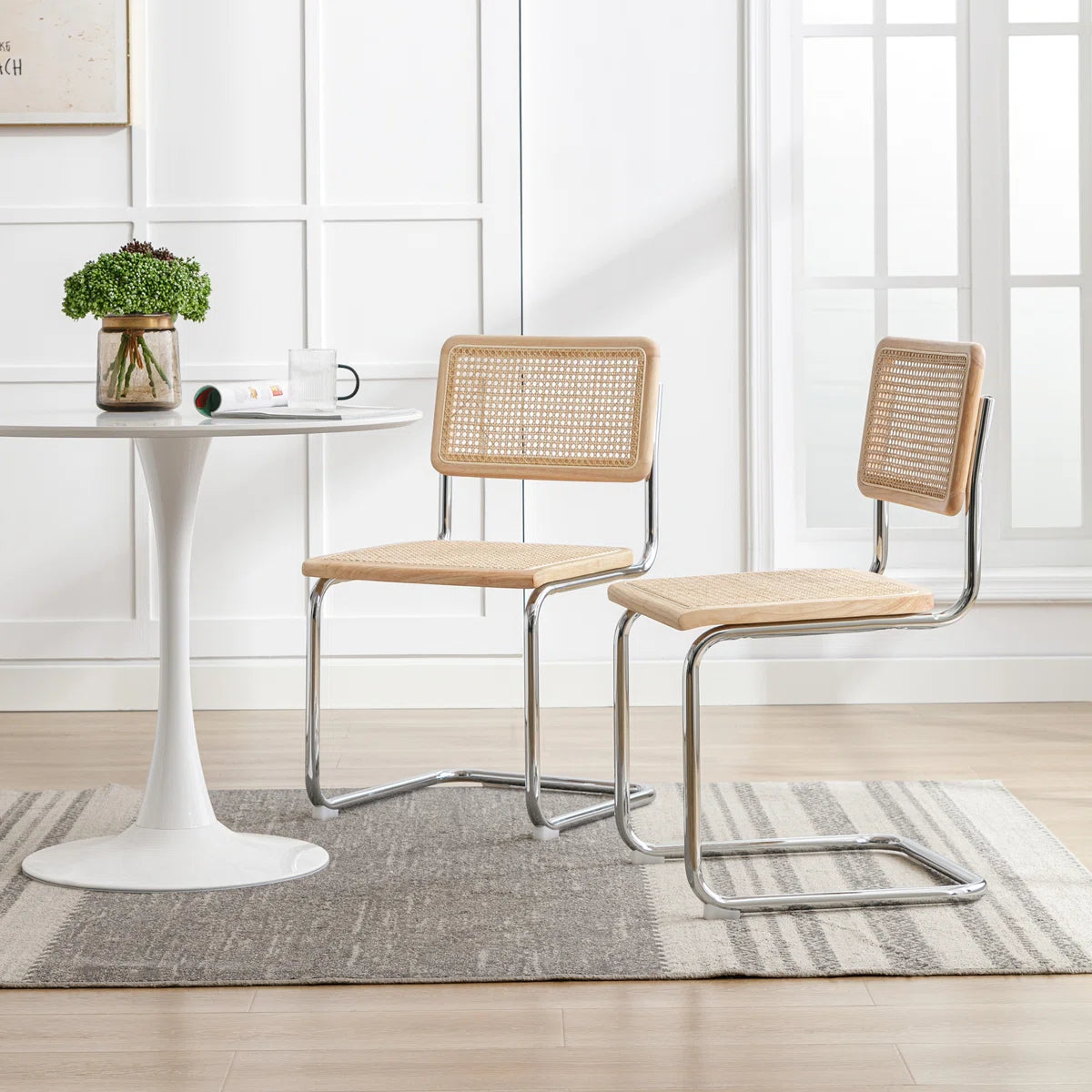 Crumley 18.1" H Mid-Century Modern Rattan Dining Chairs with Rattan Cane Backrest (Set of 2)